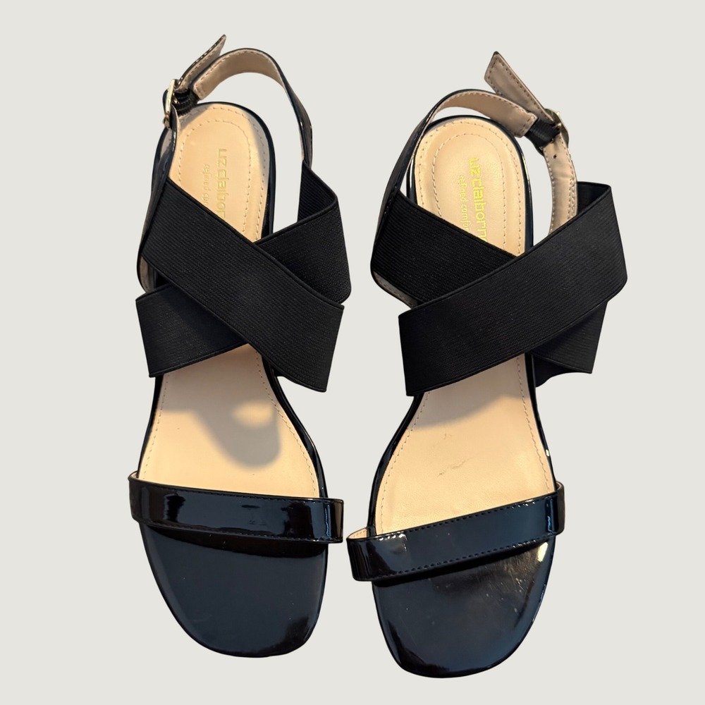 Liz Claiborne Tempo Sandals 8M Black Elastic Patent Block Heel Dressy Shoes